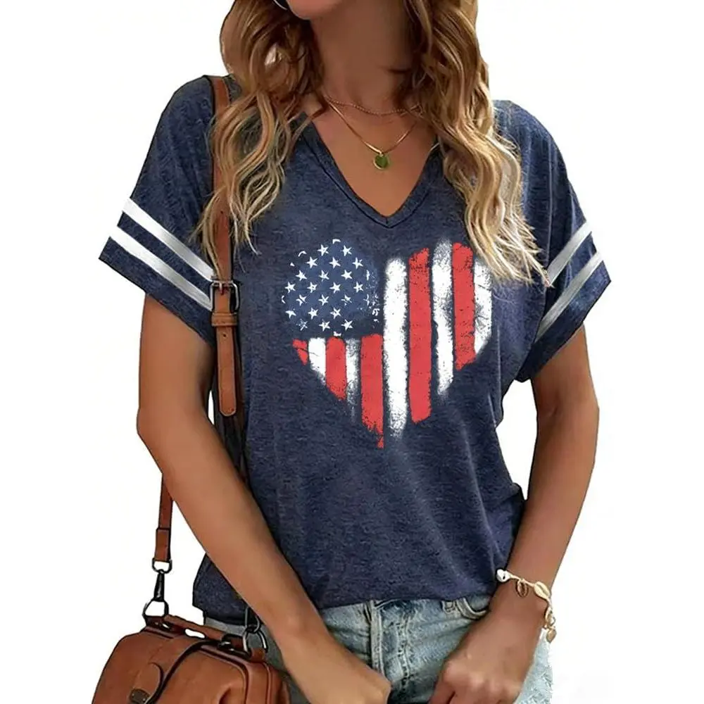 American Flag Shirts Women 4th of July V-Neck Short Sleeve Patriotic T-Shirt Memorial Day Graphic Tee Independence Day Tops