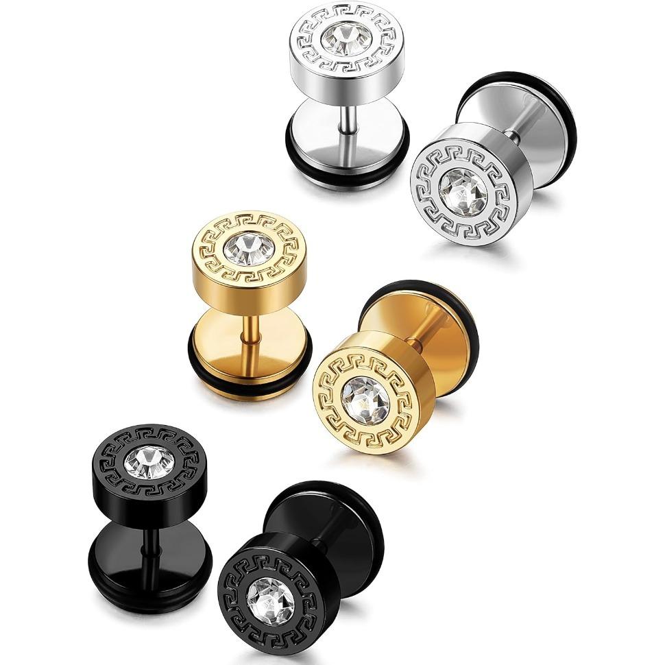 FIBO STEEL 3 Pairs Stainless Steel Stud Earrings Set for Men Women Ear Piercing Plugs Tunnel Street Fashion Hip pop Jewelry
