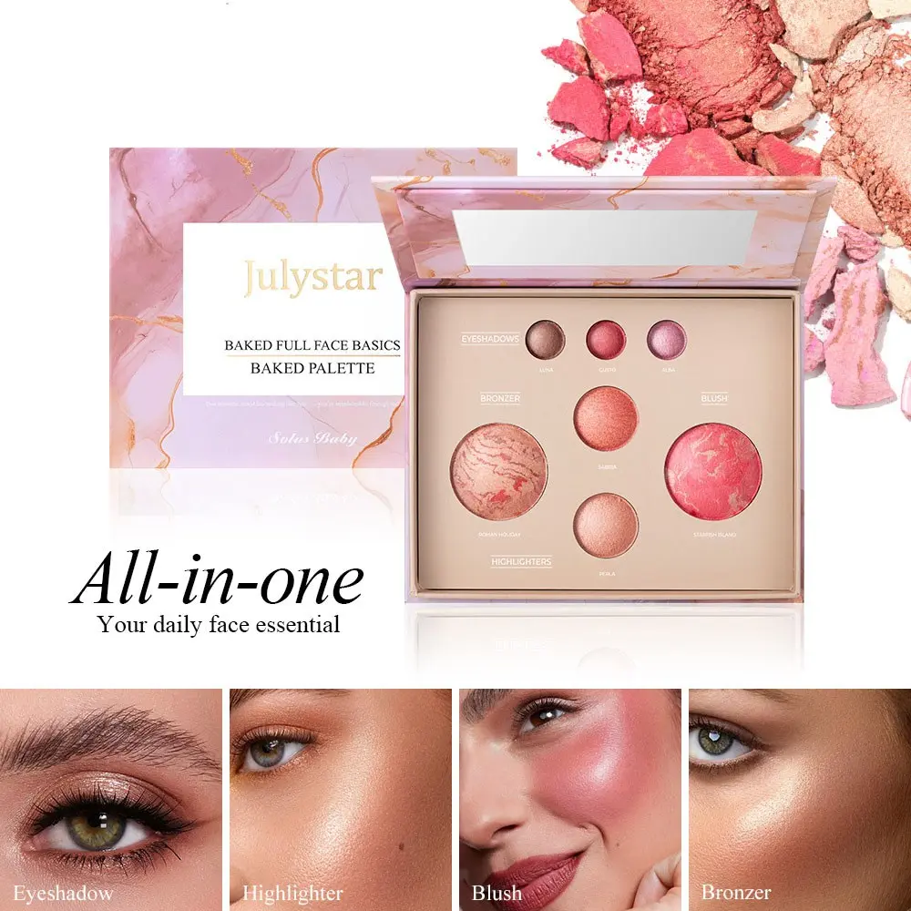Marble Texture Blush Palette Gift Set, Multi Fine Shimmer Shades, Rich Pigment Blush & Luminous Luminous Highlighter, All-In-One Face Makeup With Contour & Eyeshadow
