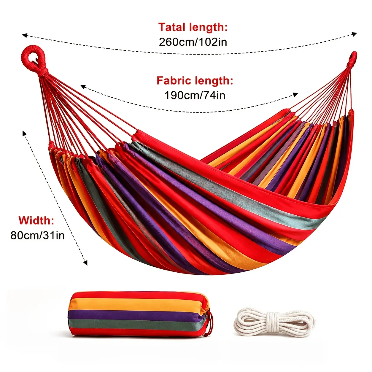 Portable Canvas Hammock, comfortable and durable. Ideal for many scenarios: picnics, camping, gardens, backyards, balconies, backpacking trips and beaches. Comes with a storage bag for easy carrying.