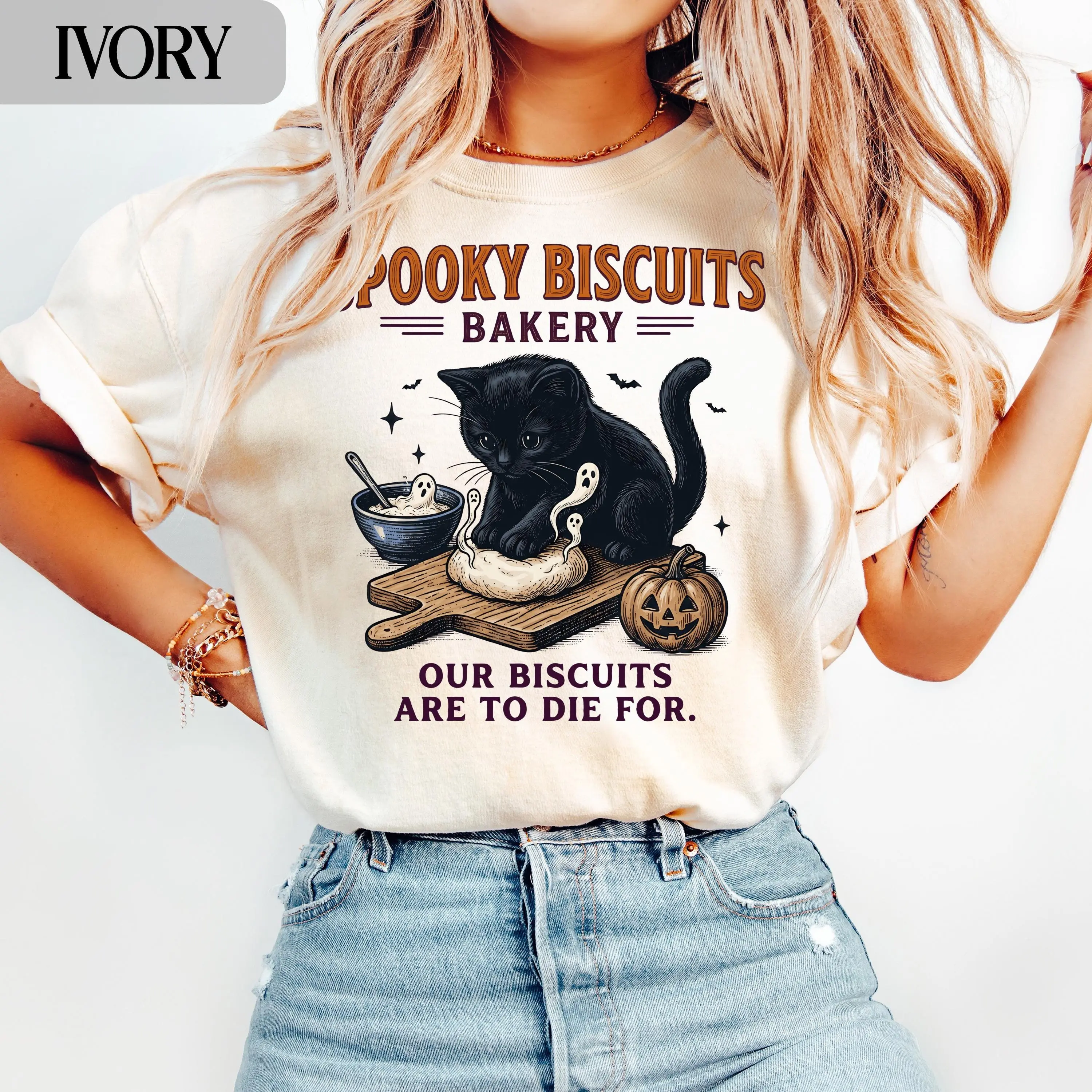 Spooky Kitty Biscuits Bakery Halloween Comfort Colors® T-Shirt, Black Cat Fall Baker Sweatshirt,