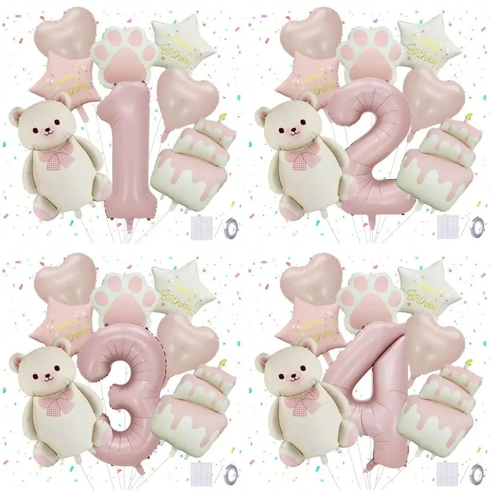 Teddy Bear Birthday Balloon Set, Soft Fog Cute Style, Includes Bear Paw Heart Cake Shape Aluminum Foil Balloons, Baby First Birthday Party Decor