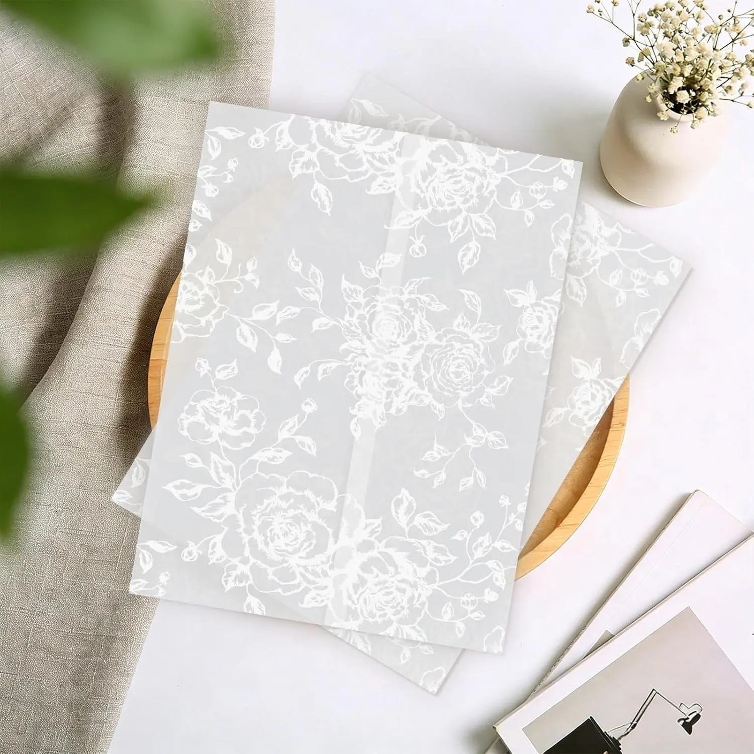 Jackets for 5x7 Invitations Wedding Envelopes Pre-Folded Floral Wildflower Vellum Paper Kit Sleeves Wraps for Craft, White Rose, 100 Pack