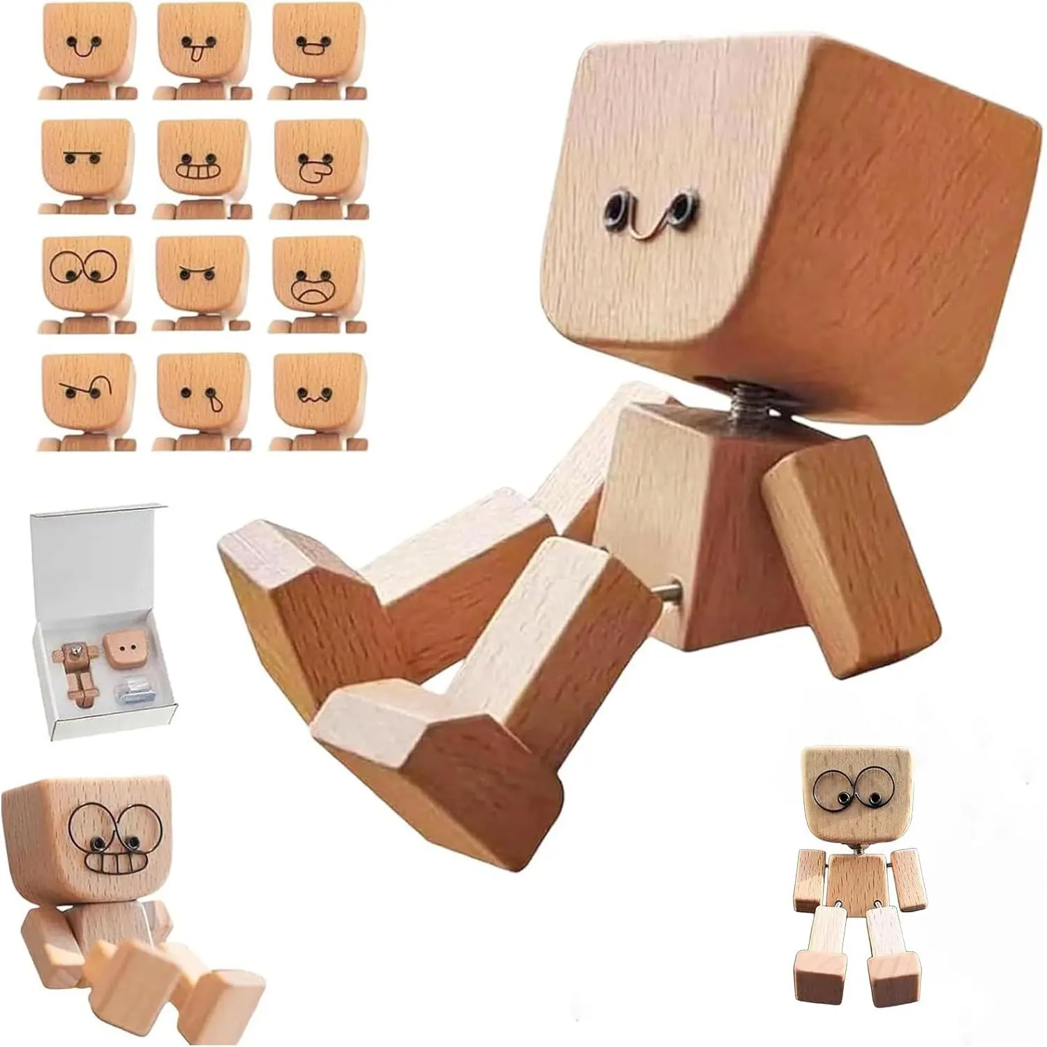 Shaking Wooden Doll with 12 Expressions, Car Dashboard Accessory, Portable Creative Desktop Decoration (D)