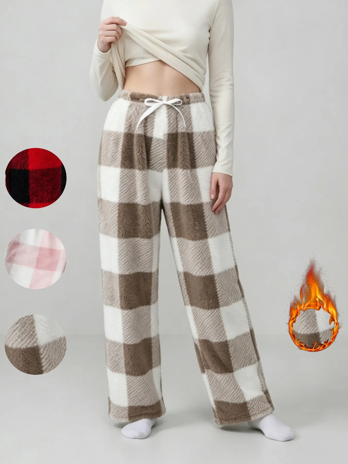 Women's Autumn Winter Retro Plaid Coral Fleece Wide Leg Pajama Sleep Pants, Three Colors Available, Loose Straight Thicken Warm Loungewear Home Pants, Casual Wearable Nightwear Homewear Vintage