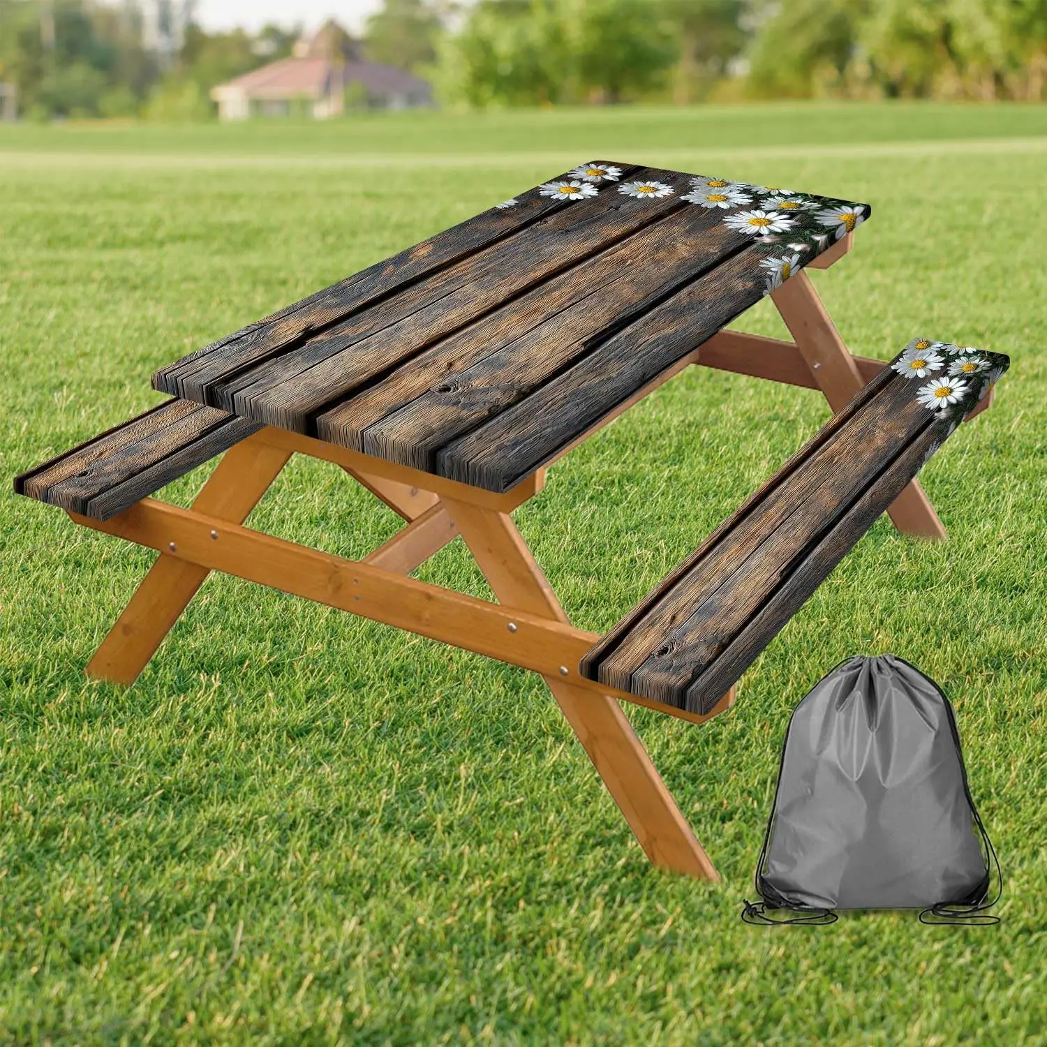 Table Cover with Bench Cover, Camping Farmhouse Table Covers with Elastic Waterproof Camping Tablecloth with Drawstring Bag, 72In 3PCS