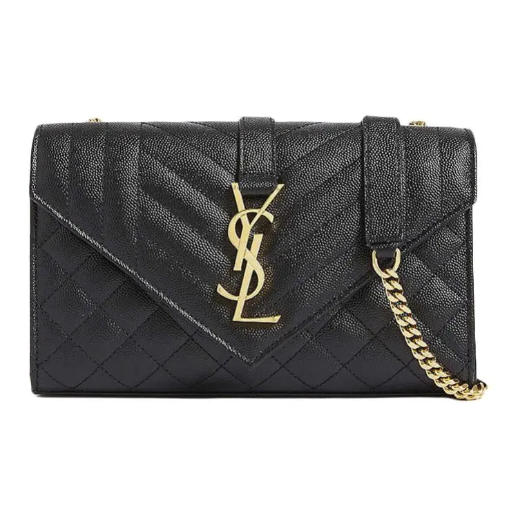 Saint Laurent YSL Envelope Bag for Women – Gold Logo Chain Crossbody Shoulder Bag in Black Grained Calfskin