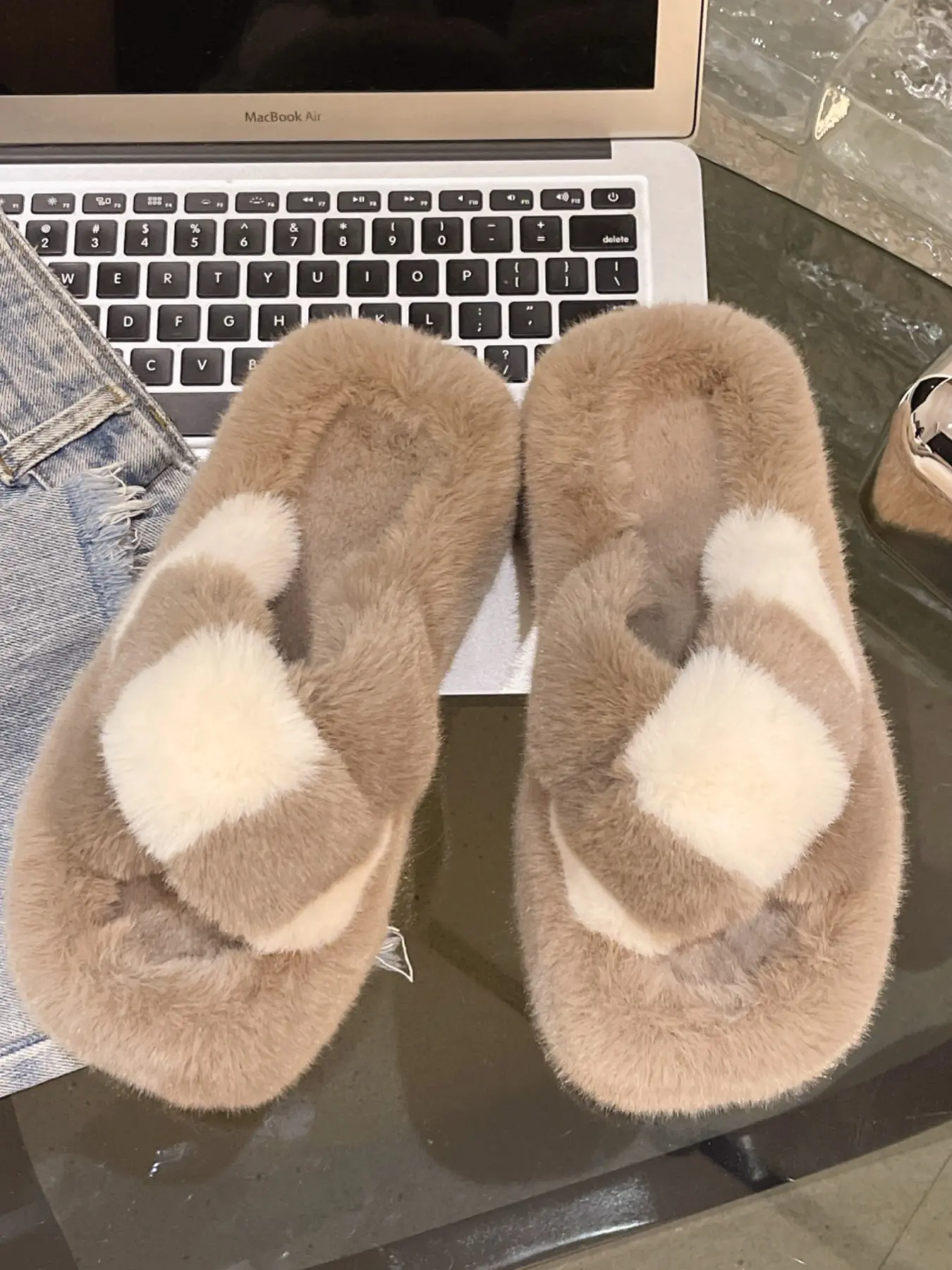 Women's Plush Heeled Slippers, Square Toe Design, Colorblock Cross Strap, Warm and Durable, Comfortable Women's Shoes