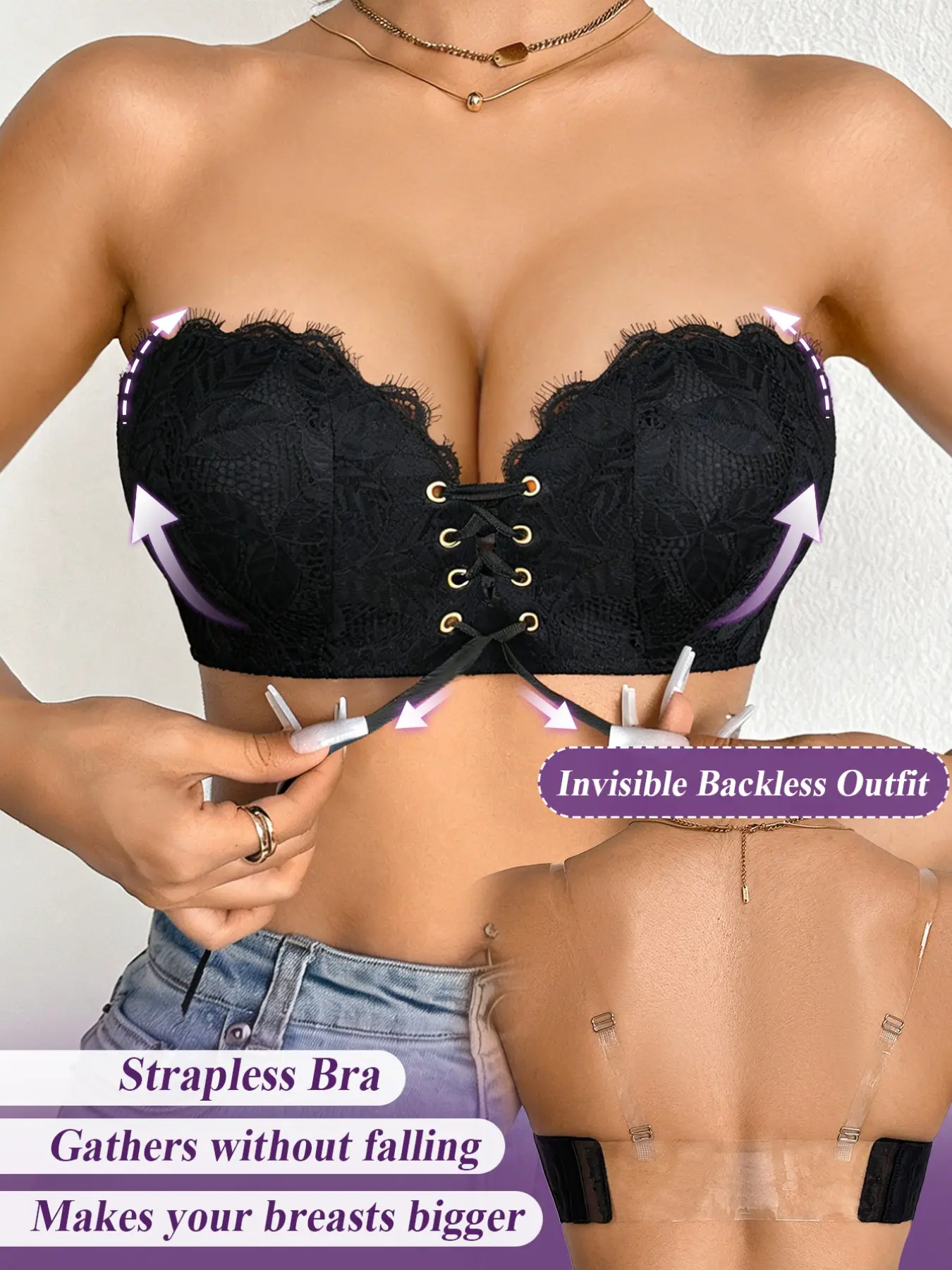 Women Lace Strapless Push Up Bra, Front Lace-up Adjustable Anti-Slip Invisible Backless Bra, Create Full Bust Shape, Perfect For Off Shoulder Tops & Backless Dress Party Outfits