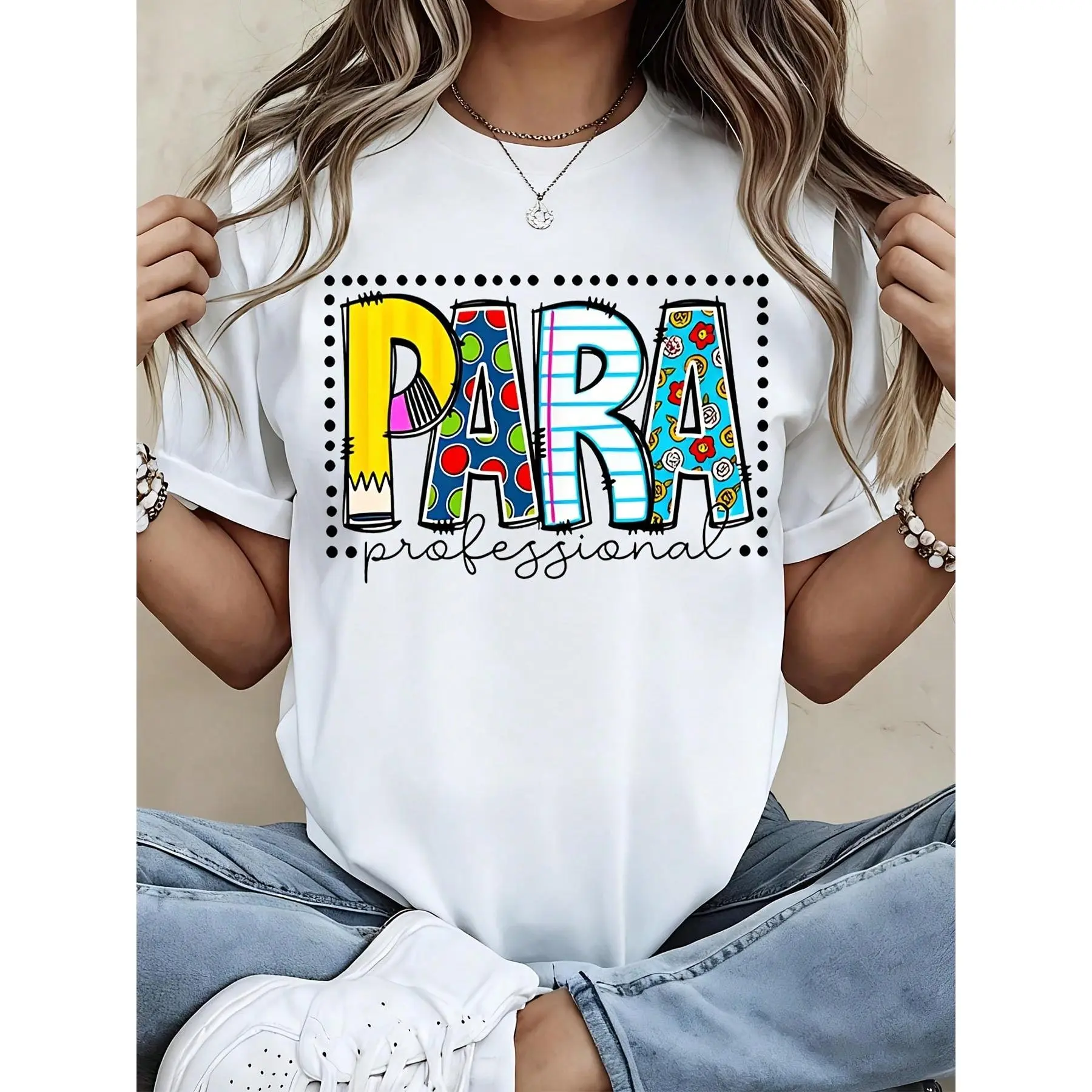 Women's Knitted Cotton Shortsleeve Graphic T-Shirt - Para Professional, Paramedic Medical Worker Gift, Casual Summer Sports Top with Geometric Fabric, Fit