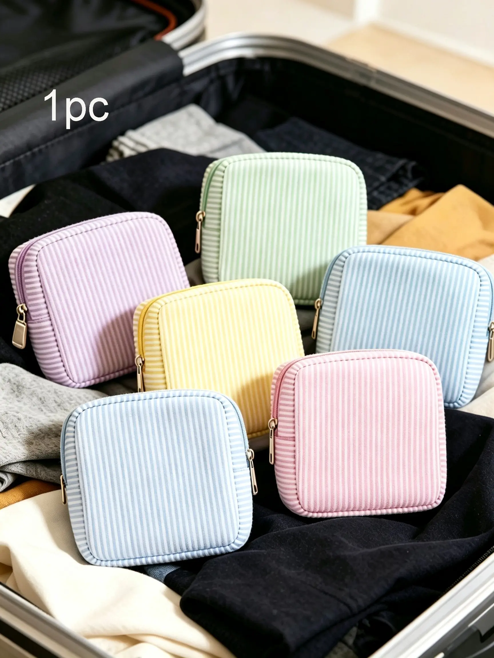 Striped Sanitary Pad Storage Bag, Portable Large Capacity, Casual Style, Ideal for Travel, Multi-Color, All Seasons Use