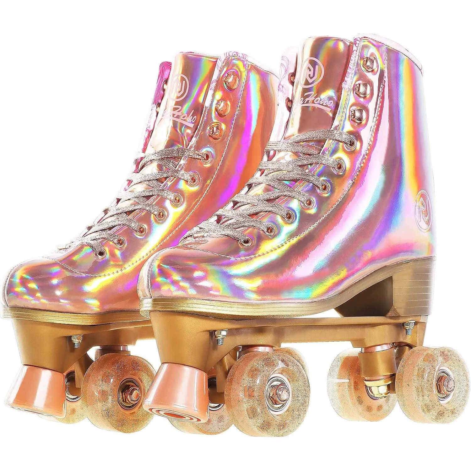 Roller Skates for Women, Holographic High Top PU Leather Rollerskates, Shiny Double-Row Four Wheels Quad Skates for Girls and  8-50 Indoor ( Rose )