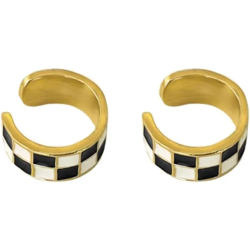 Women's Geometric Checker Cuff Wrap Magnet Earrings - Non-Pierced, Black-White Enamel Fake Hoop, Hypoallergenic Female Jewelry Gift, Checker Cuff Wrap Cartilage Earrings, Fashion, Cartilage Safe