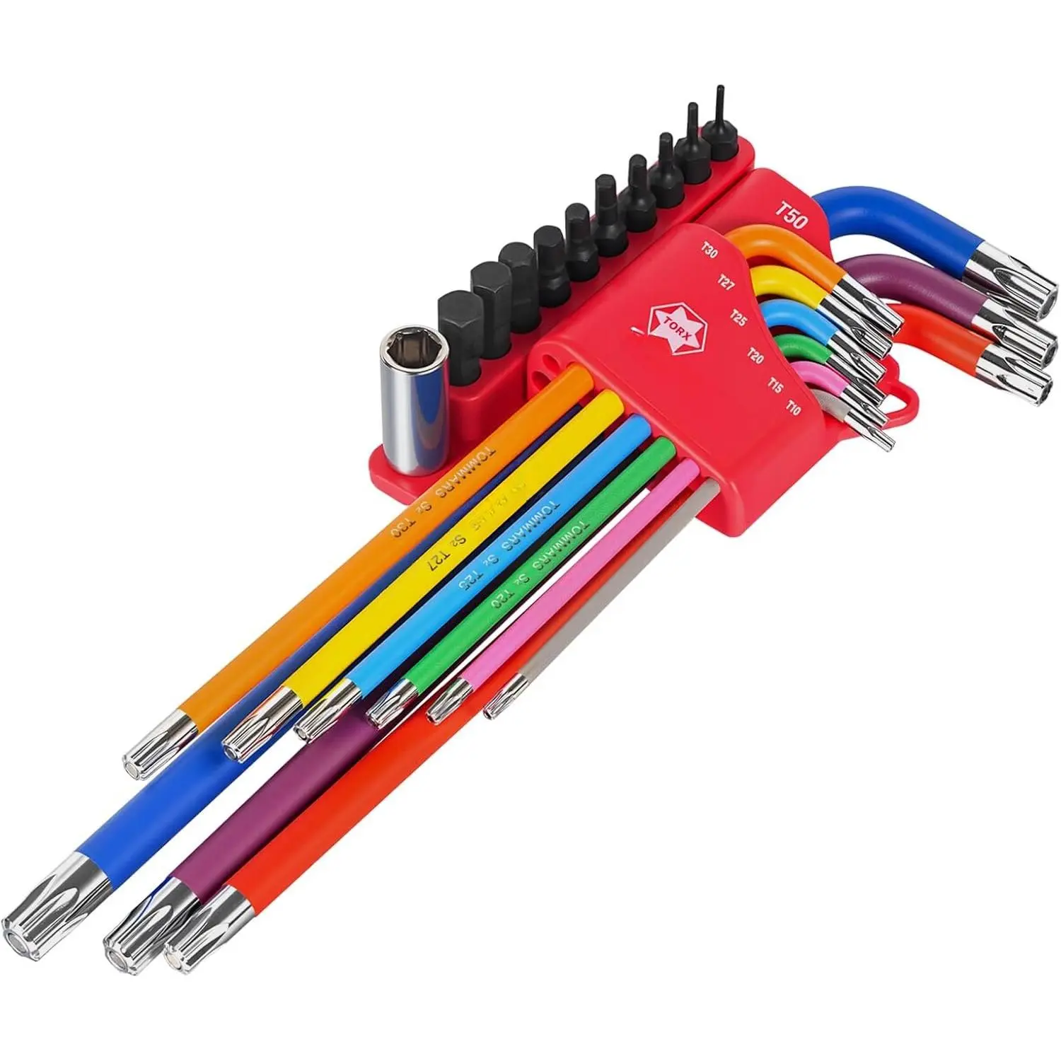 9-Piece Torx Wrench Set, Color-Coded T-Handle & Long Arm S2 Steel Kit for Precision Users, T10-T50 Sizes with Bit Set & Adapter, 9-Pieces