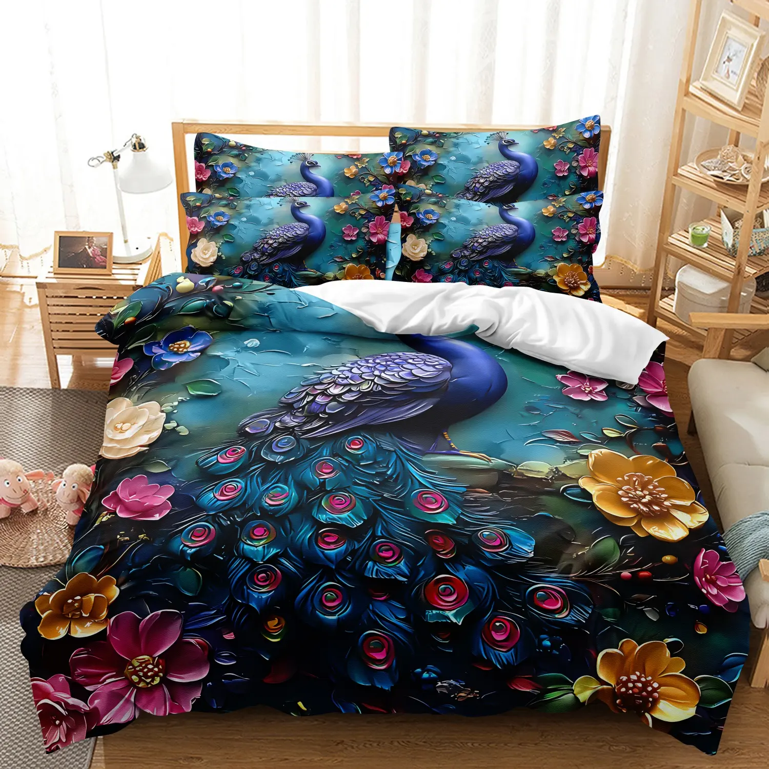 Peacock Colorful Floral Print 3 Pieces Duvet Cover Set, Luxurious Iridescent Peacock Feather Vibrant Flower Print Bedding, Soft Microfiber Elegant Tropical Bedroom Decor  (1 Duvet Cover + 2 Pillowcases, No Comforter No Pillow)
