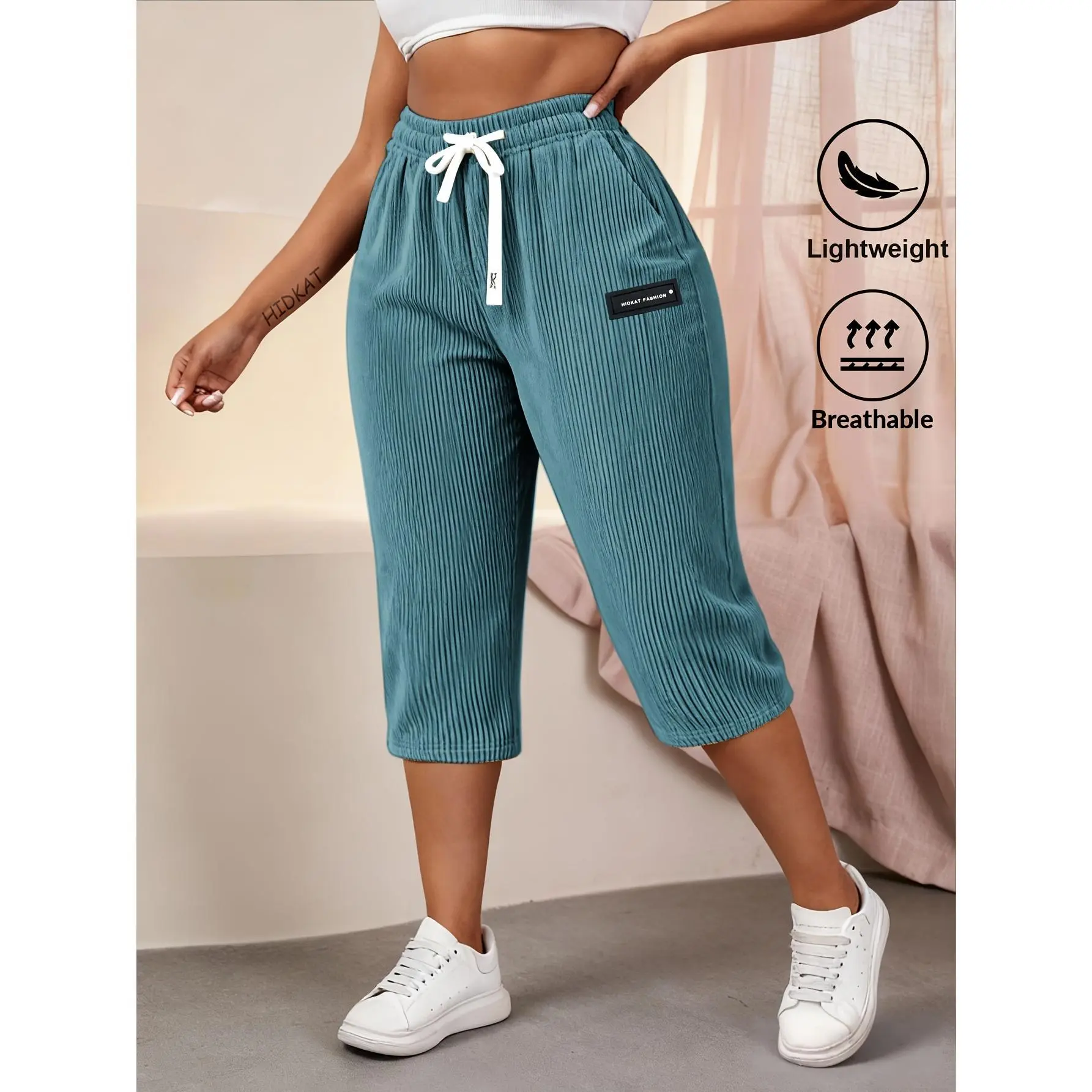 Women's Streetwear Athletic Joggers - Lightweight Performance Corduroy Cropped Trousers, Adjustable Waist, Breathable Polypropylene, Solid Color, Machine Washable, All Seasons, for Summer Outdoor Activities & Daily Layering