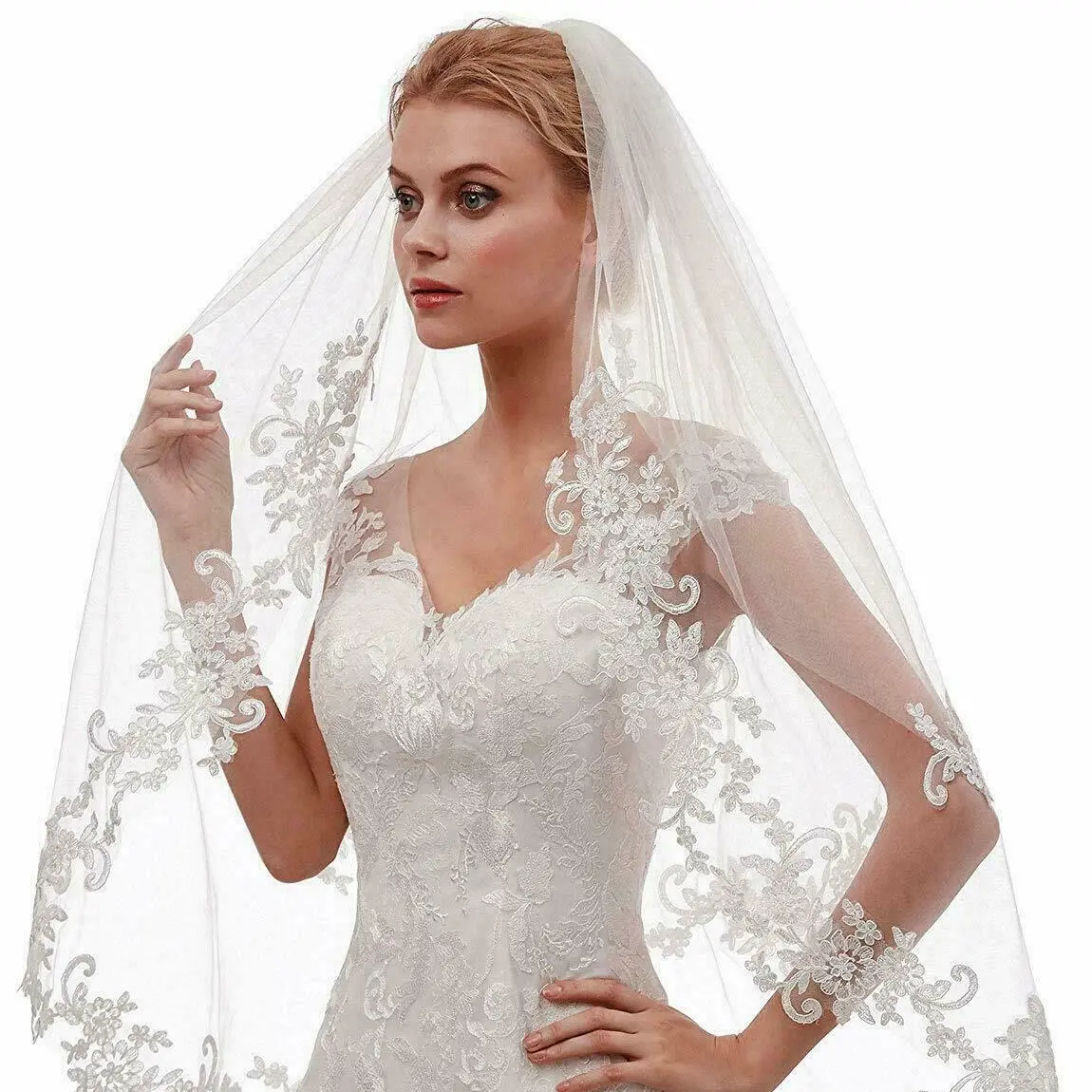 Short, Double-Layer Bridal Veil with Comb – Elegant White Lace Appliqué Tulle Headpiece, Suitable for Weddings, Church Ceremonies, and Parties
