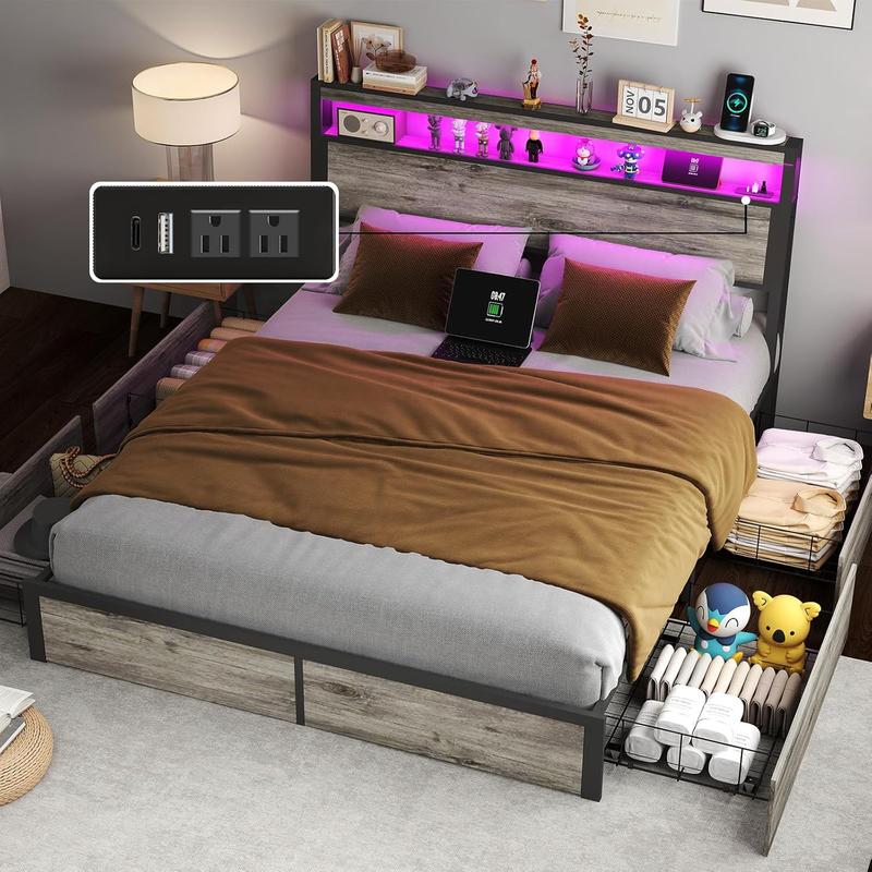 Queen Size Bed Frame with 4 Storage Drawers and Headboard with Charging Station and LED Lights,2 Tier Solid Wood Headboard Storage/Noise Free/No Box Spring Needed/Remote Control/Rustic Grey