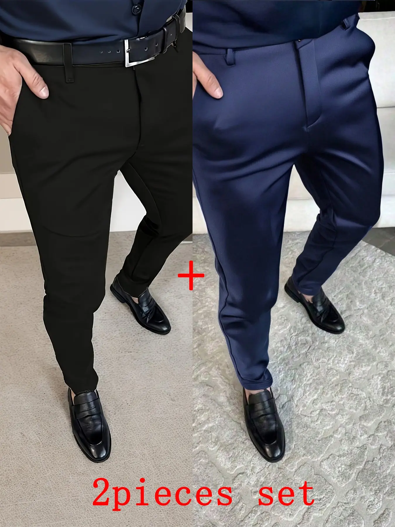 Men's Two-Piece Business Pants Set Outfit, Casual Loose-Fit Breathable Office Wear, Solid Color Natural Waist Long Regular Bottoms, No Belt Included