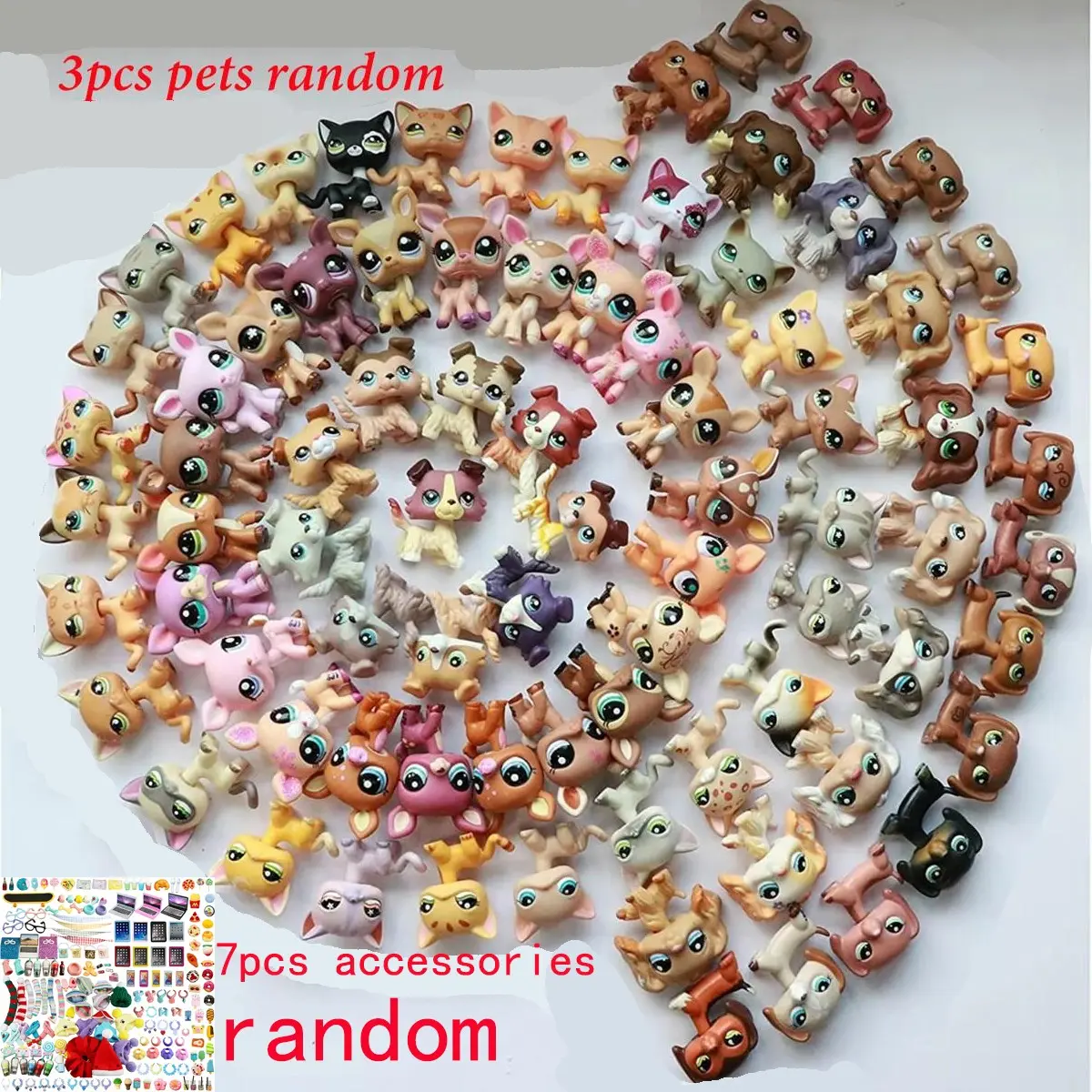 3 pcs Random Pets and 7 pcs Random Accessories miniature cat and dog animal figures Figurine Set Figurines for Collectors Pets and Accessories  Best Birthday Halloween Christmas Valentine's Day Gift for lps Fan