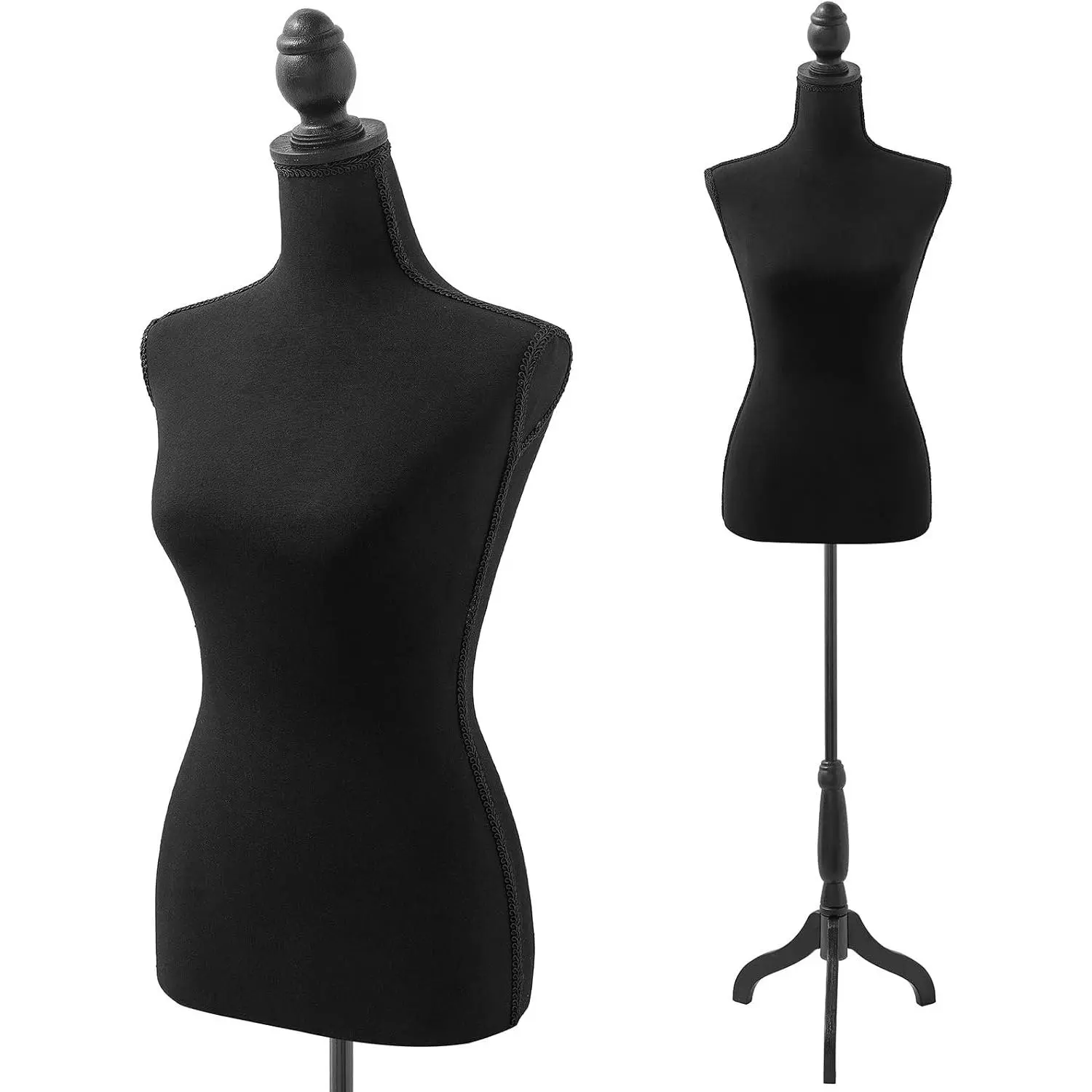 Manikin 49.6”-63.4”Height Adjustable Female Dress Model Display Torso Body Wooden Tripod Stand Clothing Forms High Density Foam Portable Display Mannequin (Black)
