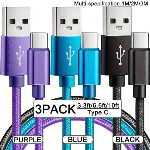 3-Pack USB-C Super Fast Charging Cable Set, Nylon Braided Durable Smartphone Charger Cord, Type C Charging, Compatible with Samsung Galaxy S25/S24/S23 Series & More Devices
