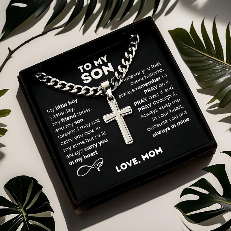 1pc "to My Son" Stainless Steel Cross Pendant Necklace, Birthday Gift, Valentine's Day Gift, Christmas Gift, with Card and Gift Box Packaging, the Perfect Gift for Loved Ones Personalized
