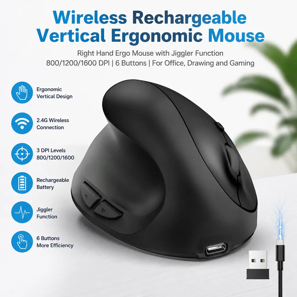 Rechargeable 2.4G Vertical Ergonomic Mouse, Right‑Handed Wireless Mouse with Built‑In Mouse Jiggler Function, 6 Buttons, 1600 DPI, Ergo Mouse for Long Working Hours