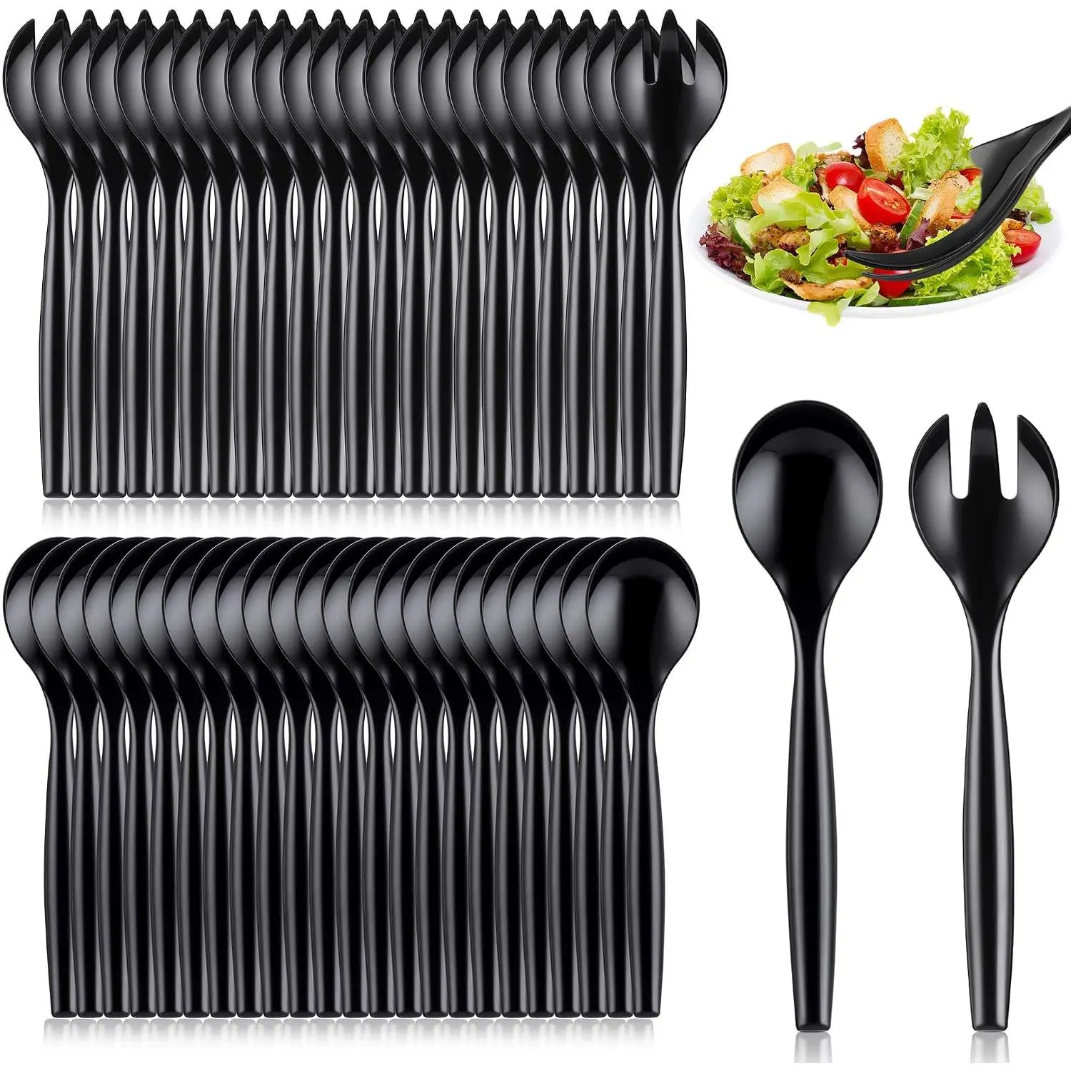 32 count Serving Spoons 10'' Large Plastic Serving Utensils Set Slotted Disposable Serving Forks Heavy Duty Black Party Supplies for Buffet Restaurant Dinner Salad Noodles Soup