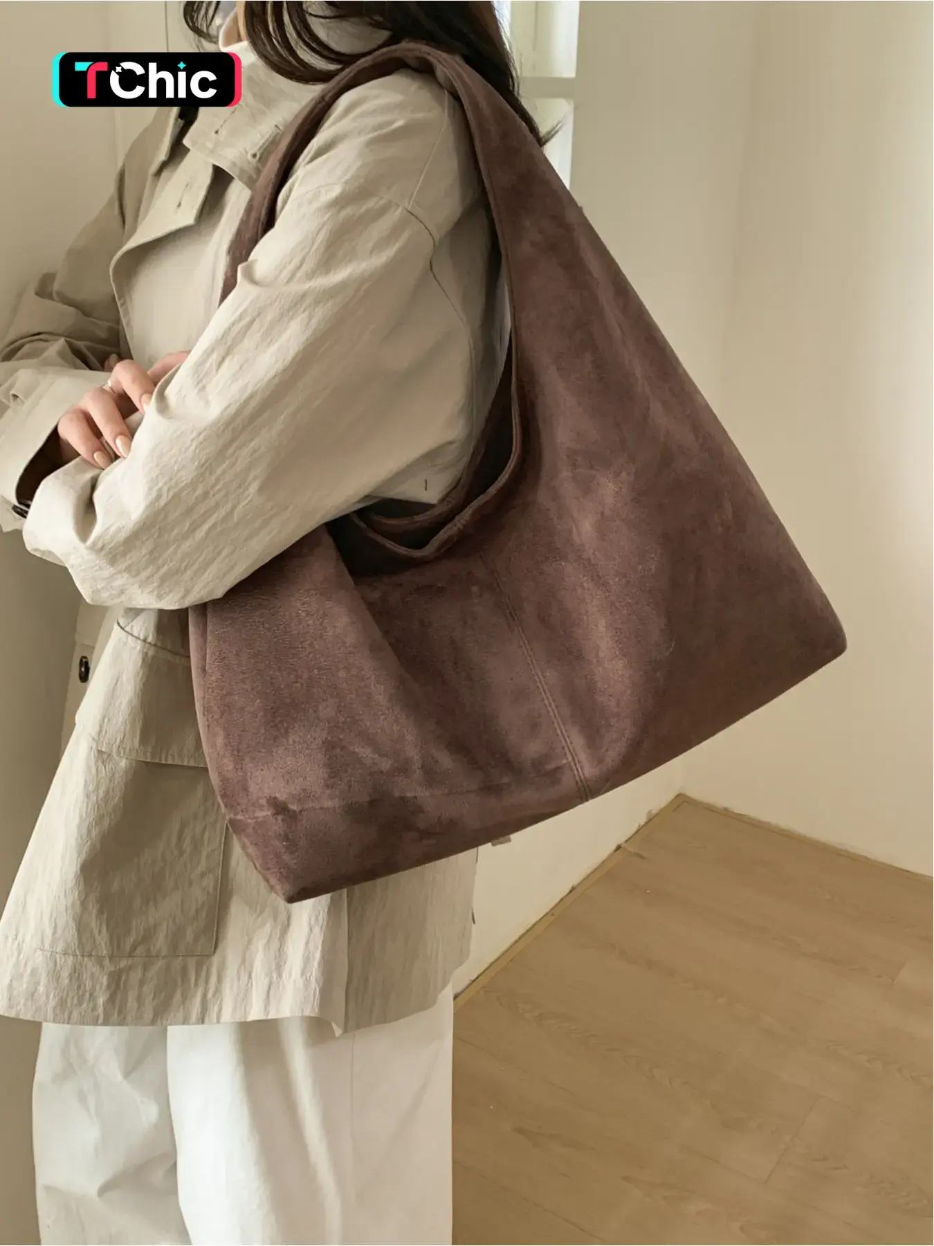 Large capacity retro shoulder bag, Minimalist tote bag, solid color style, niche design, suede for work, travel, casual commuter bag, Everyday Tote Bag, Everyday Bags