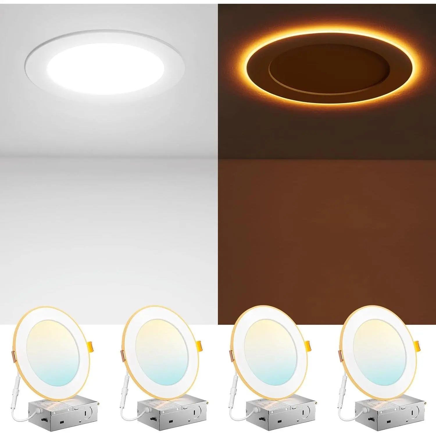4 Pack 6 Inch 5CCT LED Recessed Ceiling Light with Night Light, 2700K/3000K/3500K/4000K/5000K Selectable Ultra-Thin Recessed Lighting, 12W=110W, 1100LM, Dimmable Canless Wafer Downlight ETL&FCC