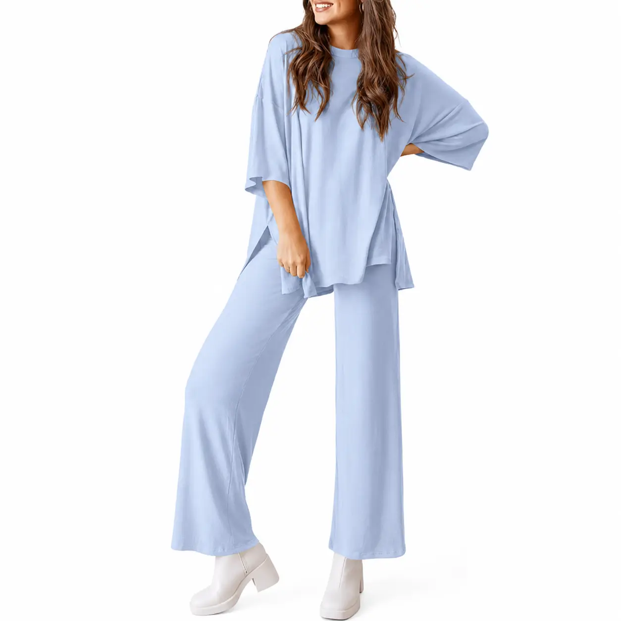 Women's 2-Piece Oversized Wide-Leg Pants Set - Basic Everyday Crew Neck Elbow-Sleeve Loose Top, Casual Lounge Outfit for Summer Airport Travel, Women's Clothes 2-Piece Sets