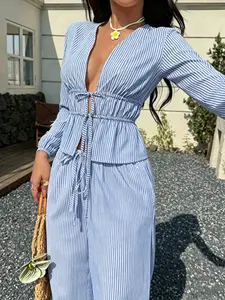 Women's Summer 2 Piece Set | Striped V Neck Tie-Waist Peplum Top & Drawstring Wide Leg Pants | Casual Home, Lounge, Vacation & Travel Outfit, Stylish Chic