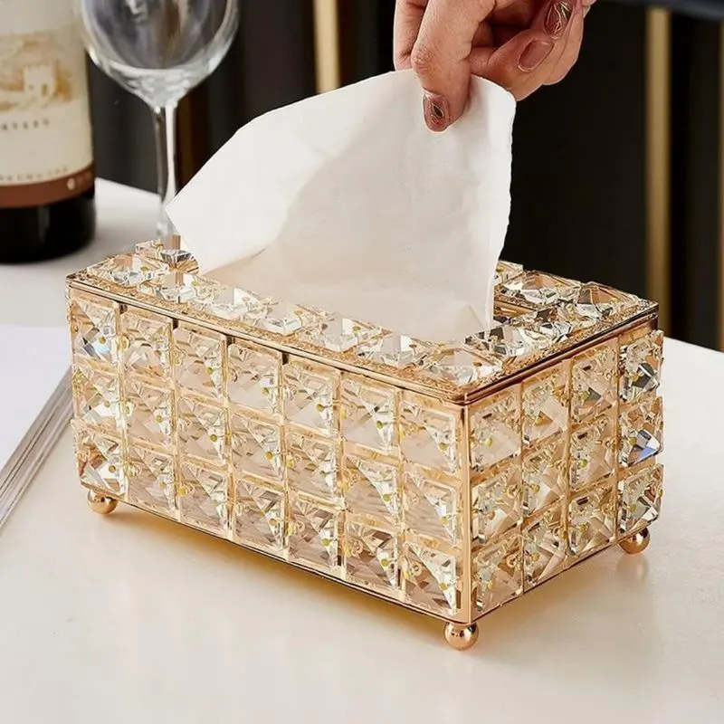 Crystal Paper Box, Rectangular Tissue Box Luxury Napkin Holder Gold Napkin Container Decorative Tissue Box Cover for Dining Room Living Room Bathroom