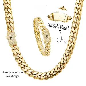 [Set] 14K Real Gold-Plated Cuban Necklace & Bracelet with Miami Link Chain Stainless Steel Thick Anti-Friction Chain and Diamond Clasp for Men and Women 6/8/10/12/14MM Colorfast Waterproof Thickened Hip Hop Jewelry Black Friday