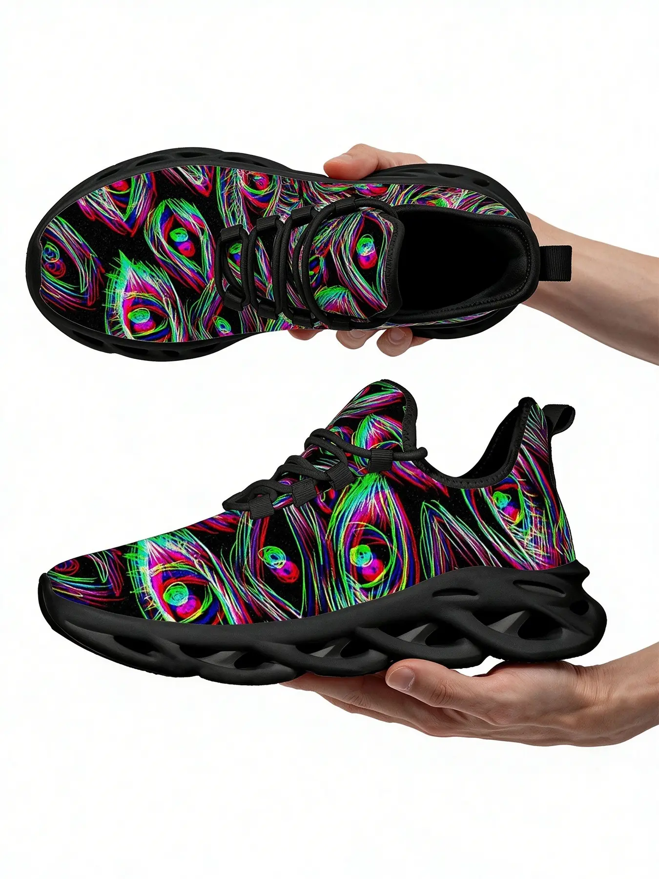 Vibrant Neon Peacock Feather Pattern Chunky Sneakers for Men Women, Colorful Abstract All Over Print Mesh Shoes, Comfort Non Slip Fashion Footwear for Rave Festival Holiday Club Outdoor Daily Wear