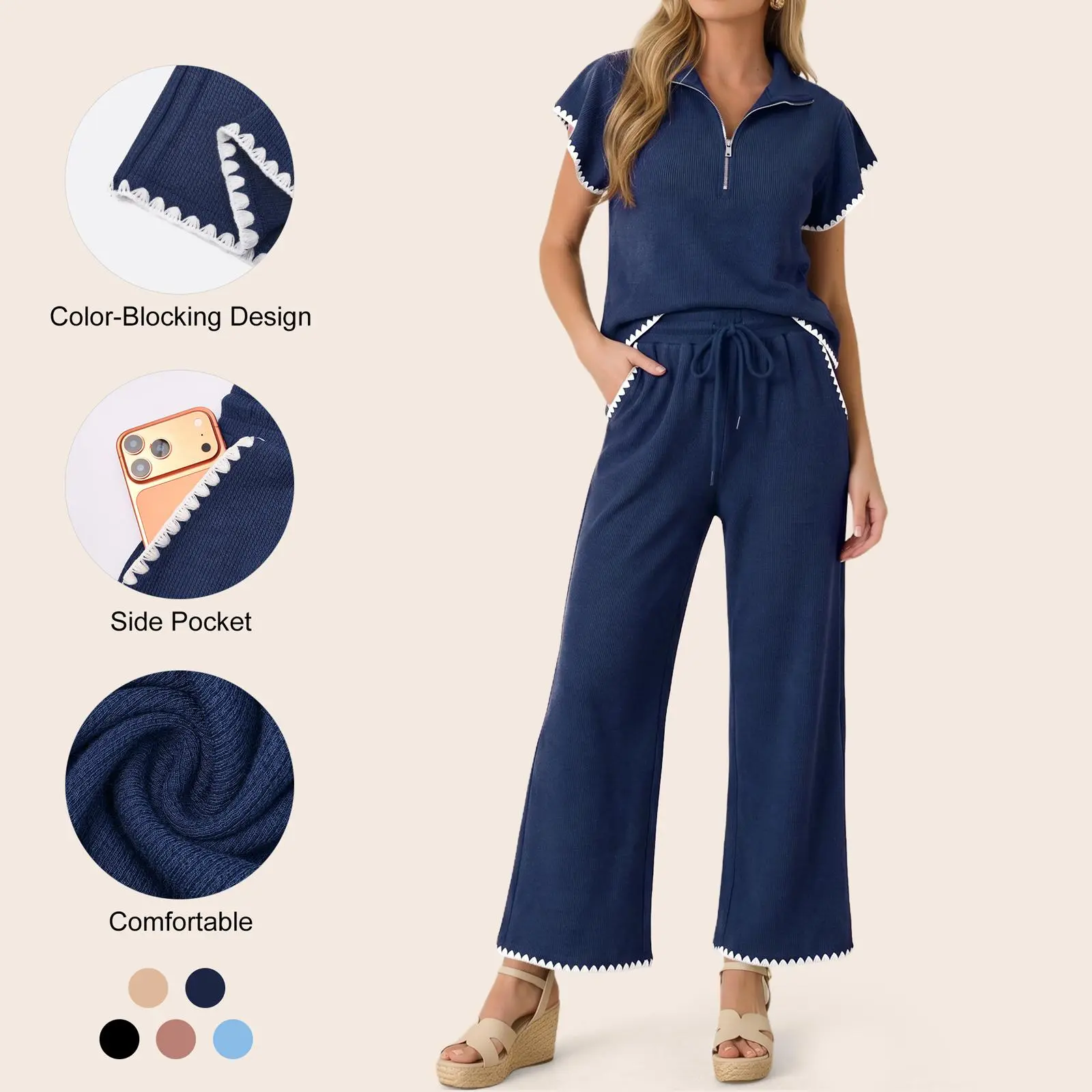 Imily Bela Scalloped Trim Waffle Knit Two Piece Set Women Half‑Zip Top & Wide Leg Pants Casual Lounge Outfit