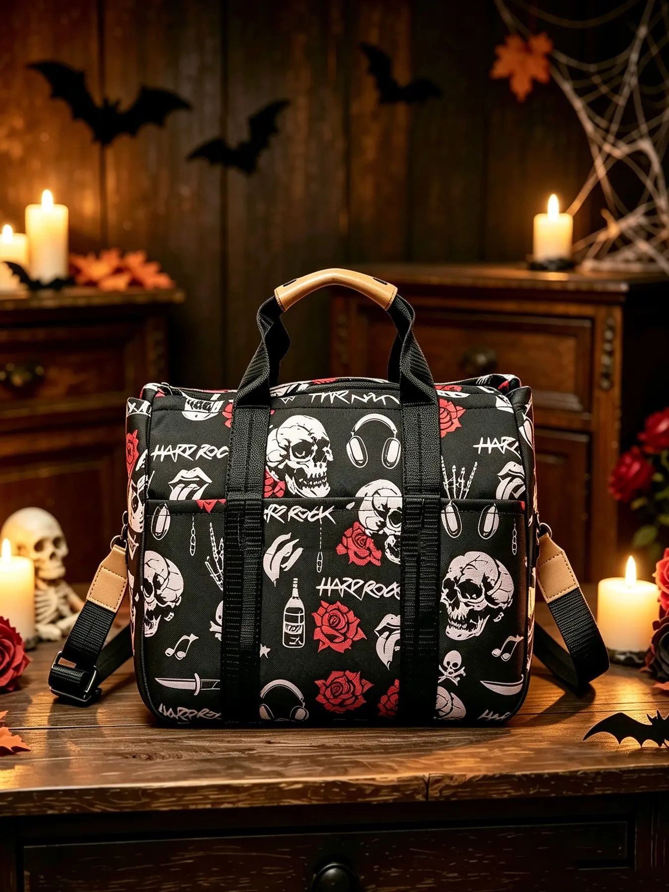 Halloween dark skull rose print tote bag, made of lightweight fabric, can be carried by hand or worn crossbody, Carry all crossbody, with large capacity and multiple compartments, for travel, work, or parties
