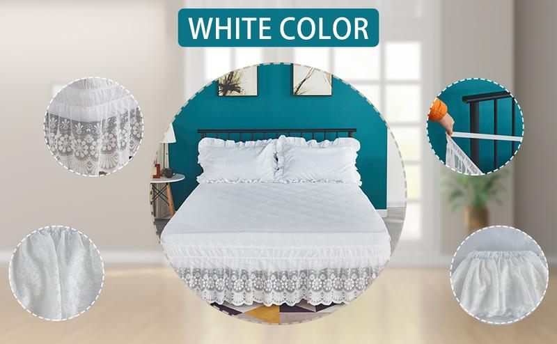 Lace Trimmed Elastic Bed Wrap, Dust Ruffle Bedskirt, White (White, Queen)