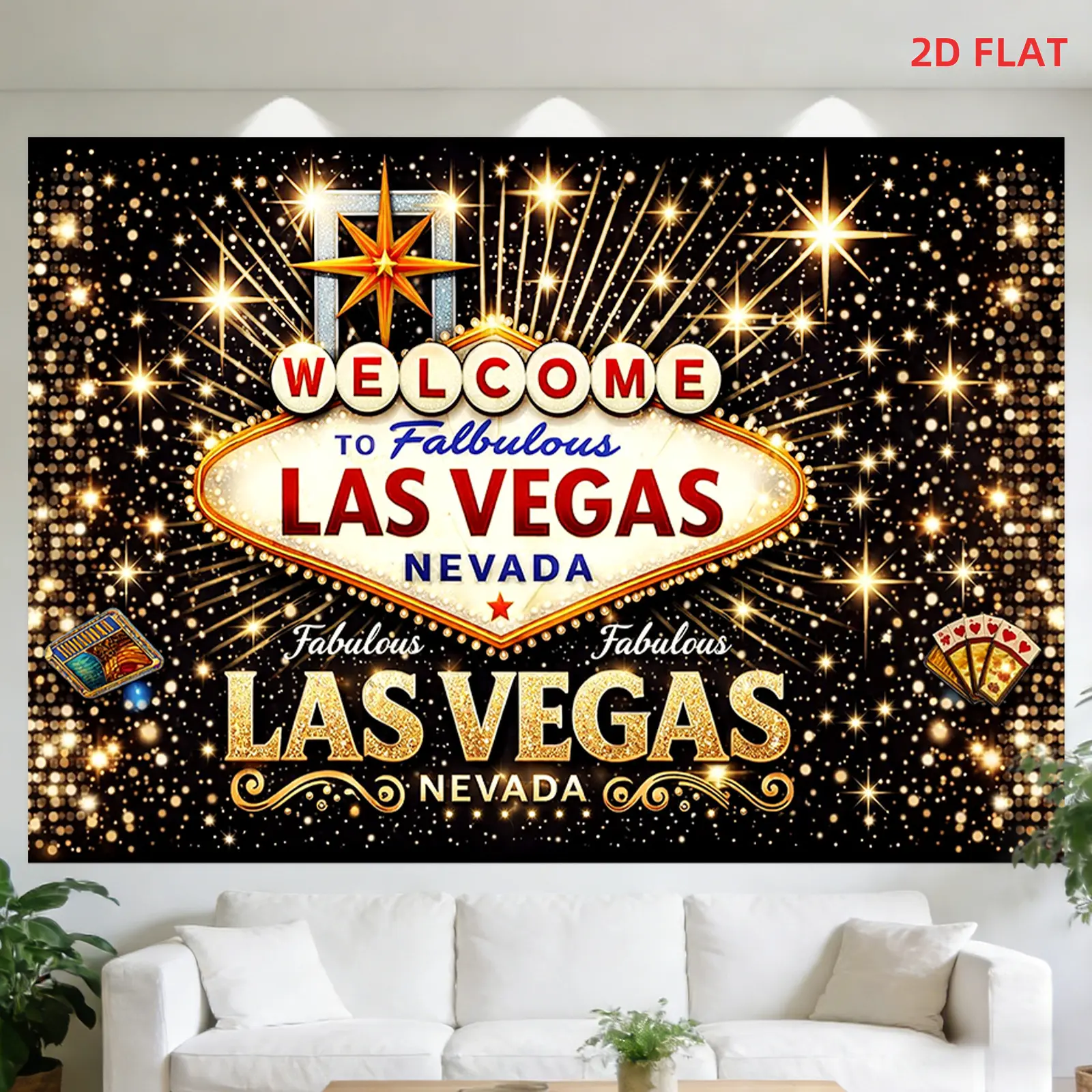 2D Flat, 1 Large Las Vegas Welcome Sign Tapestry - Glittery Nevada Wall Decor Suitable for Bedroom, Living Room, Office, Party |   Horizontal Nevada-Themed Hanging Poster with Las Vegas |   Fabric Decoration for Nevada Room Decor, 2D Flat