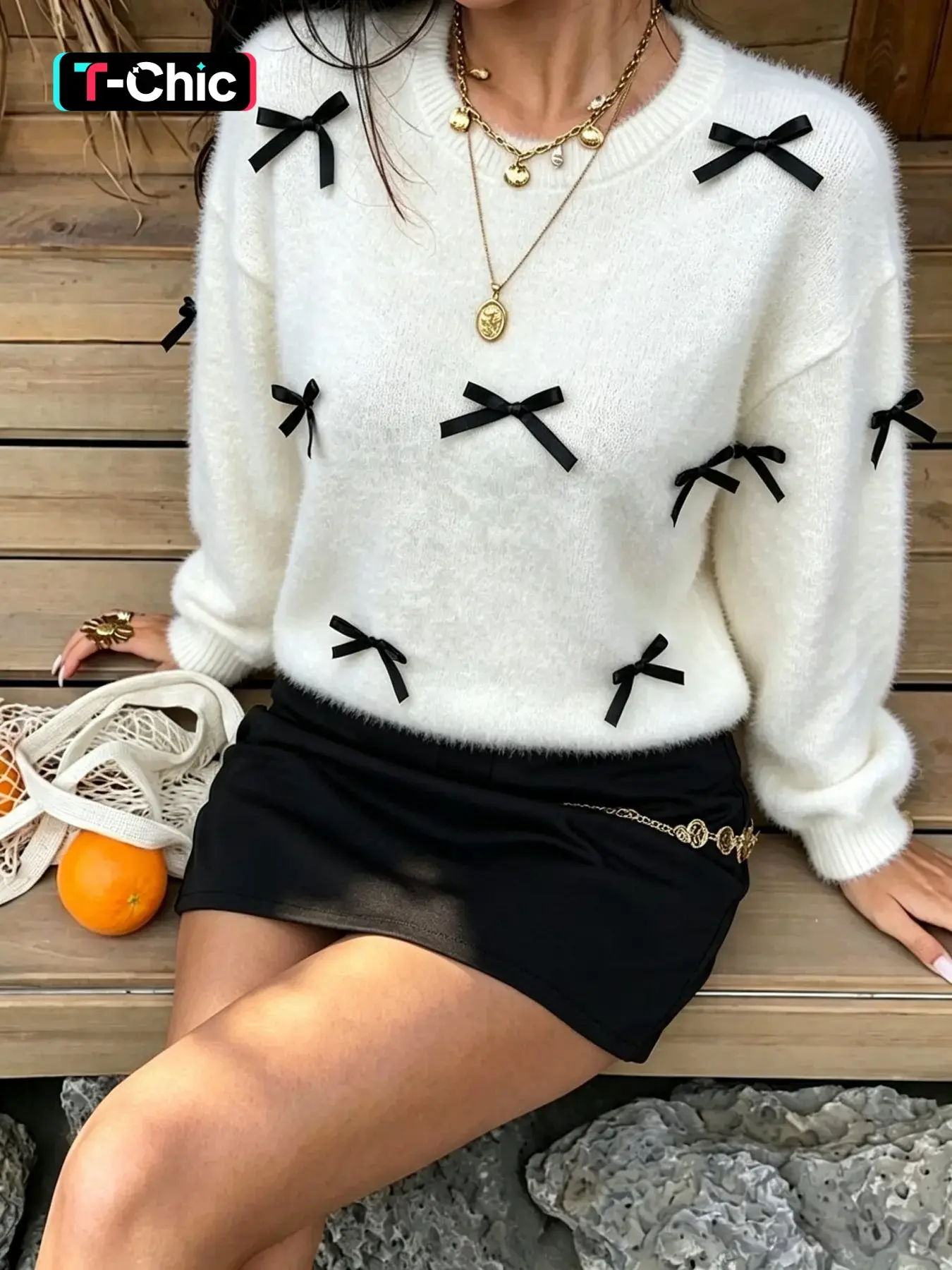 Autumn Winter Faux Fox Fur Pullover, Handmade Bow Design Sweet Sweater, Knitwear, Casual Fitted Top, Unlined, Batch Number 20260715