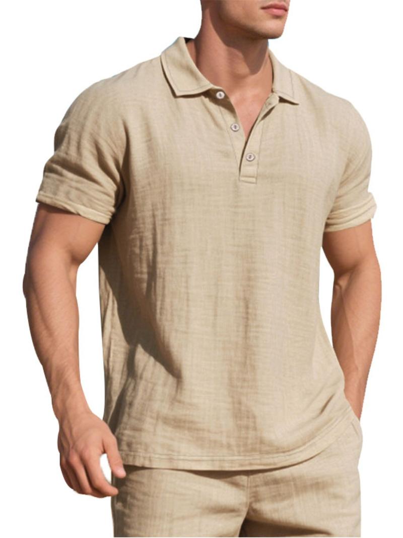 Men's Linen Polo Shirt, Casual Short Sleeve Collar Top for Summer, Fashion Men's Clothes for Daily Wear, Gamis
