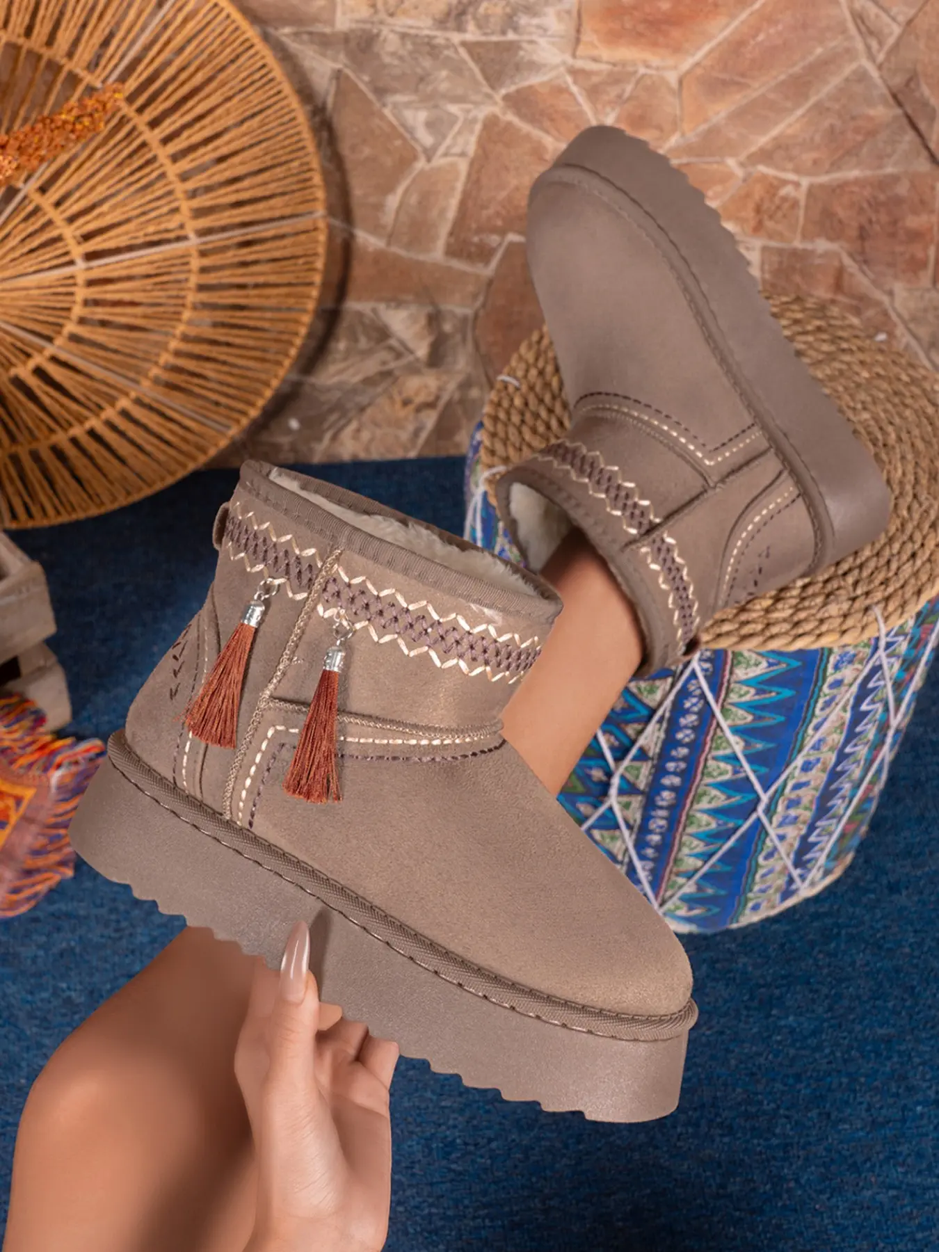 Women Platform Mini Snow Boots, Bohemian Ethnic-Style Embroidered Ankle Booties, Tassel Charms, Fuzzy Plush-Lined Winter Short Boots