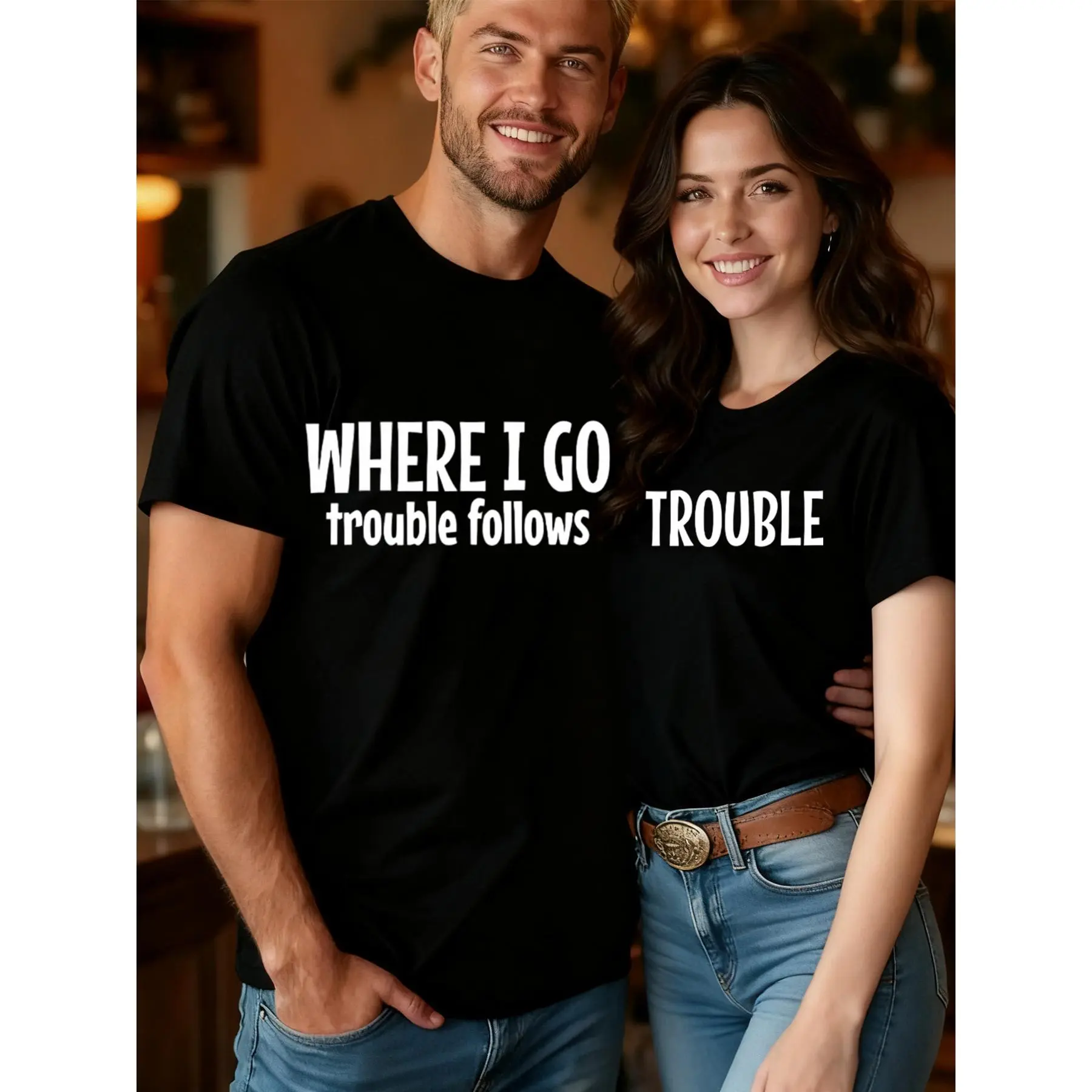 Funny And Eye-Catching Couple'S Style! 'Where I Go Trouble Follows' Fun CPT T-Shirt Casual Crew Neck Short-Sleeved Top Matching Couple'S T-Shirt Comfortable And Soft Fabric.