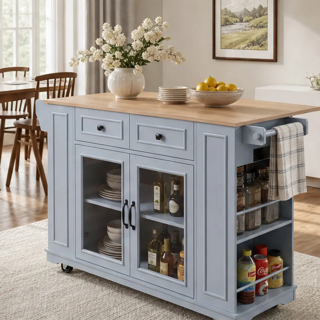 ARCH 54" Mobile Kitchen Island with Glass Door Storage, Power Outlet & Open Shelves, Rolling Kitchen Cart with Towel Rack, Spice Rack & Knife Holder, Blue Gray, Tempered Glass+Stainless Steel+MDF, Functional Prep Table for Kitchen Dining Room