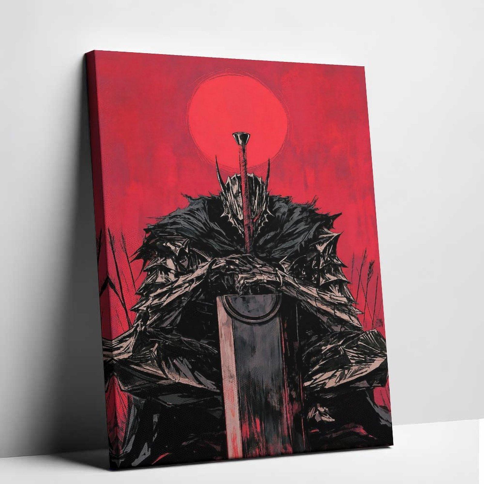 Berserk Guts Inspired  Canvas Painting - Japanese Dark Fantasy Manga Panel Print, Heavy Metal Warrior Armor Design Artwork, Artistic House Home Office Wall Hanging Decor Poster