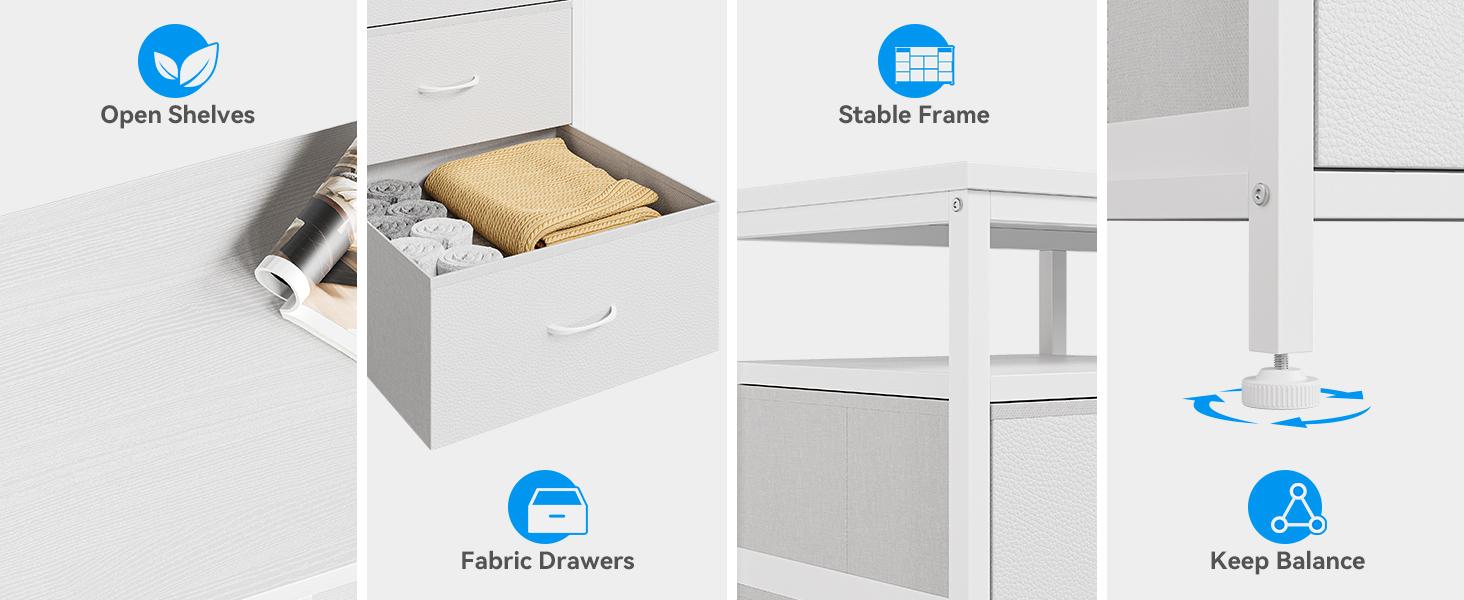 10-Drawer Dresser TV Stand for 65, 70, 75 Inch TVs, 63" W Long Fabric Entertainment Center, Chest of Drawers for Bedroom with LED Lights & Power Outlets,White