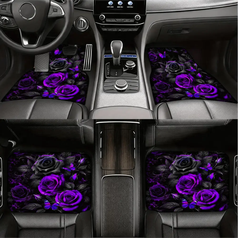 Custom Car Floor Mats, Automotive Interior Accessories, Vibrant Purple Rose Floral Pattern On Black Background, Durable Non-Slip Rubber Material With Precision Fit, Universal For Sedan Suv Truck Drivers Seeking Stylish Protection, Full Set Of 4 Pieces Fro