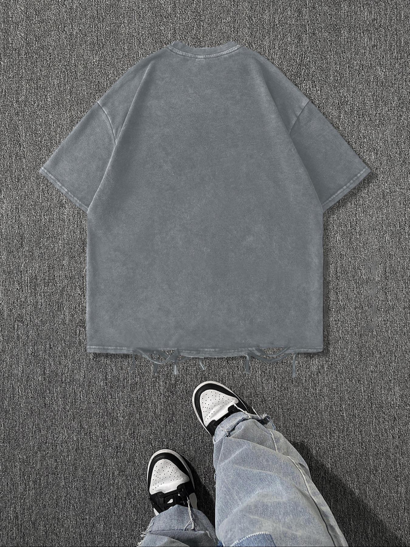 Men's Vintage Letter Print Raw Hem Round Neck Tee, Regular Fit Casual Short Sleeve T-shirt, Men's Summer Top for Daily Wear, Cotton