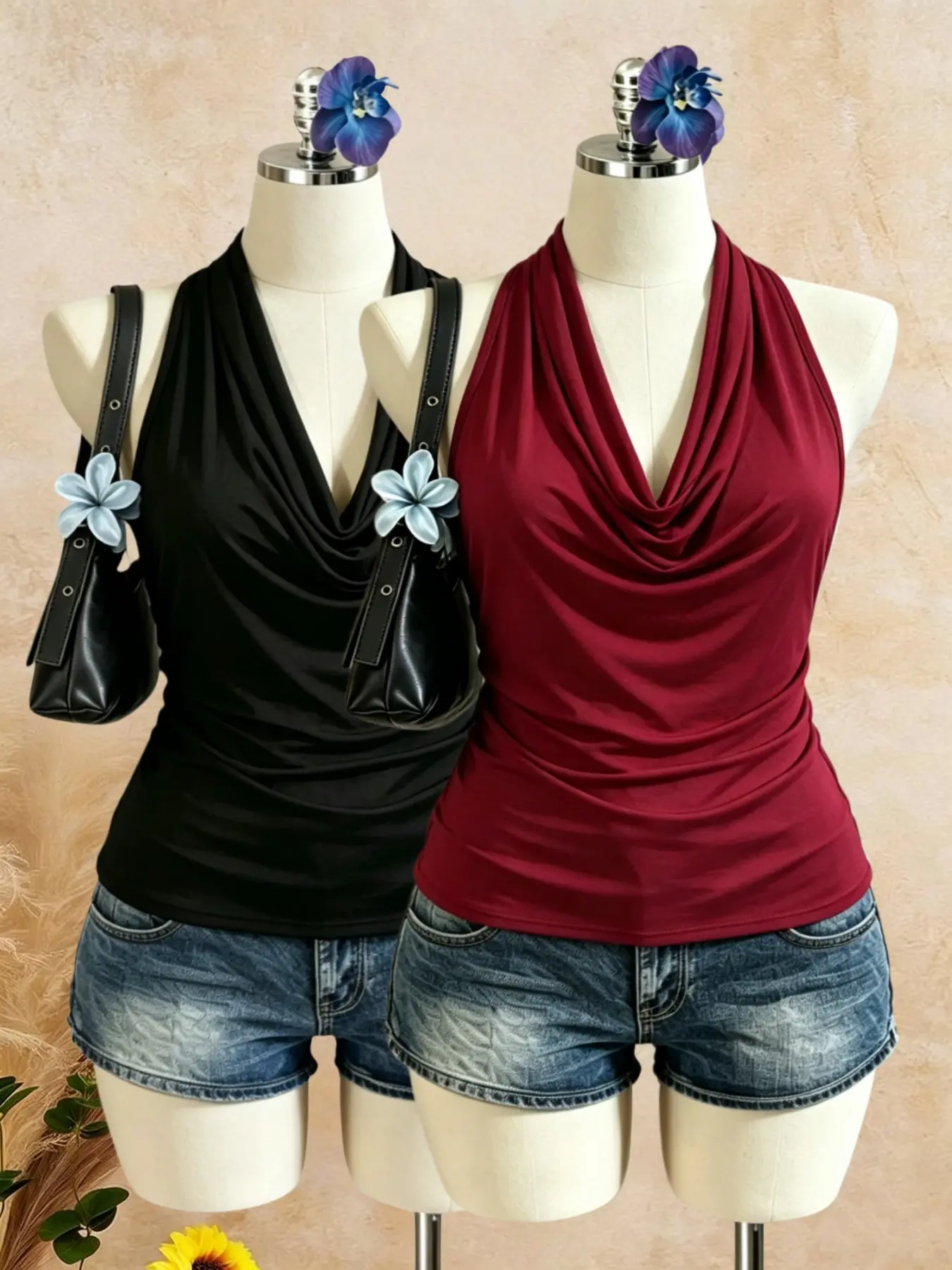 Plus Size Women's Summer Plain Crinkle Drop Shoulder Halter Top, Casual Loose Fit Sleeveless Blouse, Elegant Ladies Fashion Clothing